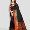 Plain Black Cotton Saree with Gold & Orange Border