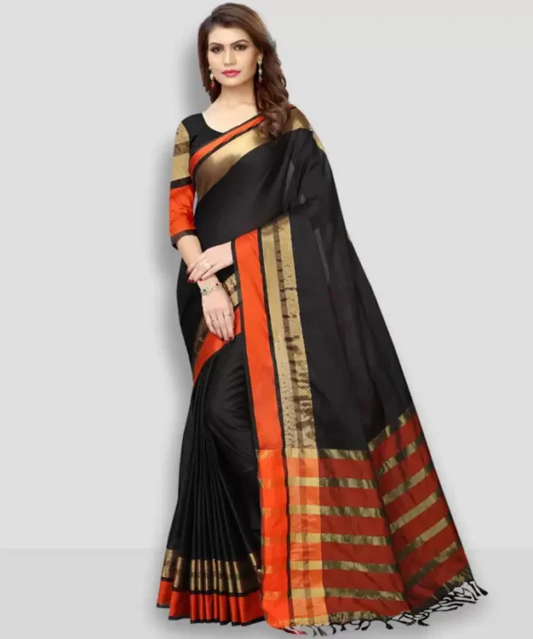 Plain Black Cotton Saree with Gold & Orange Border