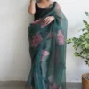 Stunnig Dark Green Floral Printed Organza Saree