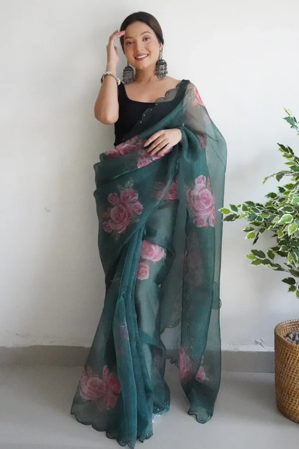 Stunnig Dark Green Floral Printed Organza Saree