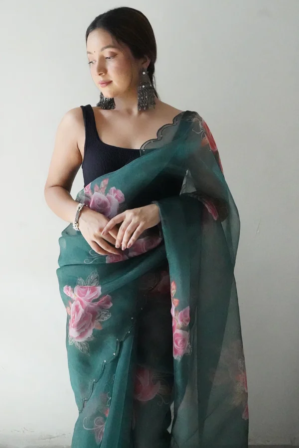 Stunnig Dark Green Floral Printed Organza Saree