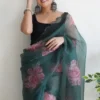 Stunnig Dark Green Floral Printed Organza Saree