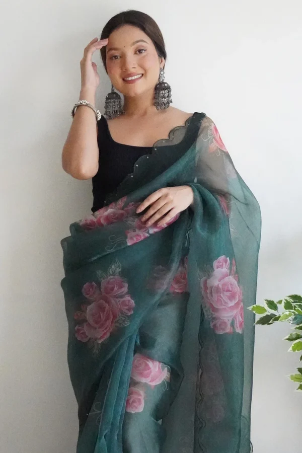 Stunnig Dark Green Floral Printed Organza Saree