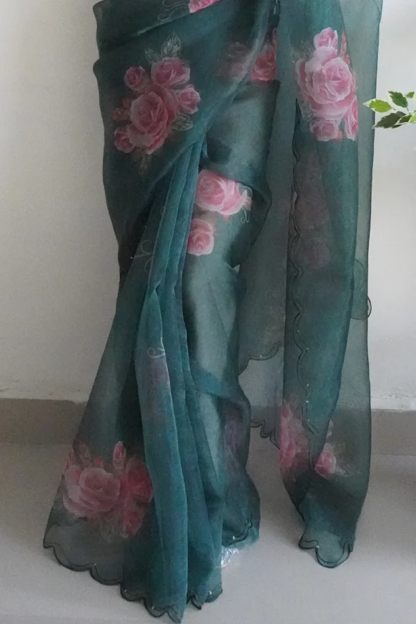 Stunnig Dark Green Floral Printed Organza Saree