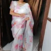 White Pink Floral Printed Organza Saree