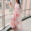 White Pink Floral Printed Organza Saree