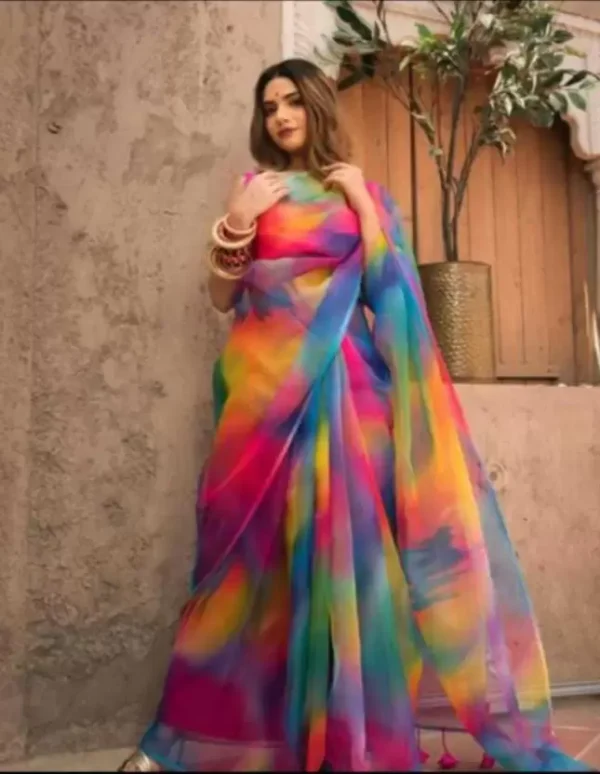 Multi Color Satin Silk Organza Saree